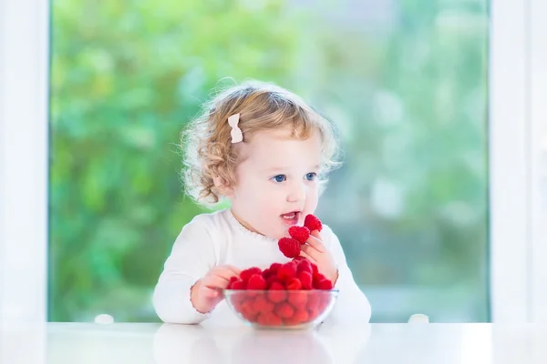 Милый малыш девочка ест малину — стоковое фото