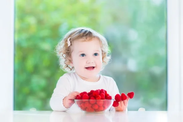 Милый малыш девочка ест малину — стоковое фото