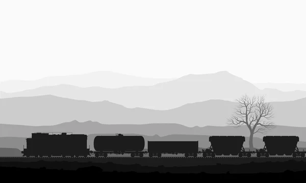 Поезд с грузовых вагонов над горами — стоковый вектор