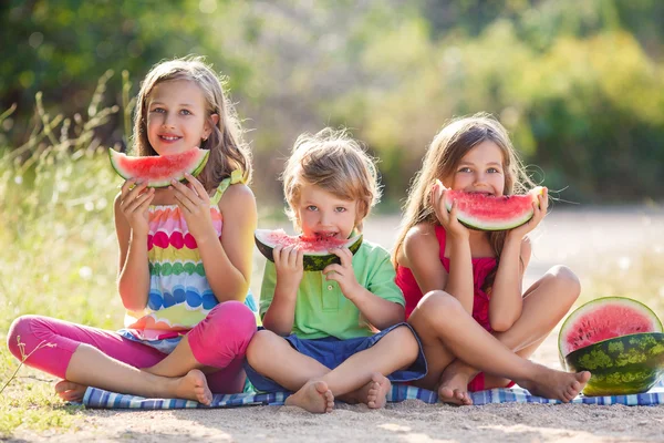 Три счастливый улыбающийся ребенок едят арбуз в парке — стоковое фото