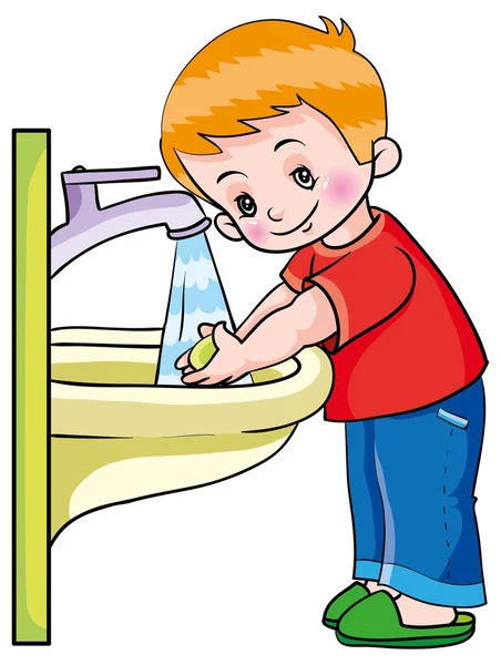 Гигиена. мальчик, моющий руки — стоковый вектор