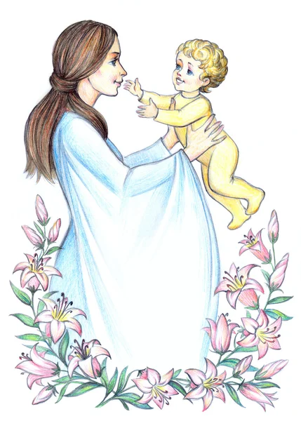 Счастливая мать с ребенком среди цветущих лилий. Карандаш кадр — стоковое фото