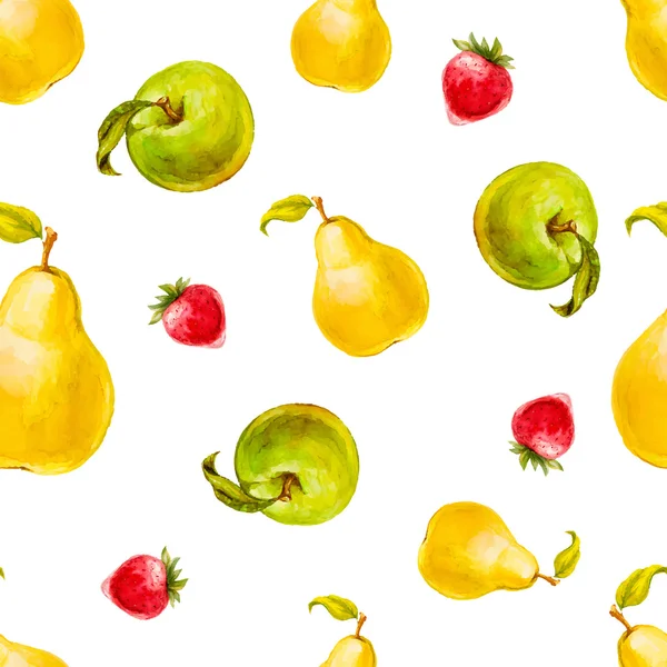 Акварель бесшовный фон с зеленые яблоки, груши, клубники. Рисованной дизайн. Векторная иллюстрация Летние фрукты — стоковый вектор