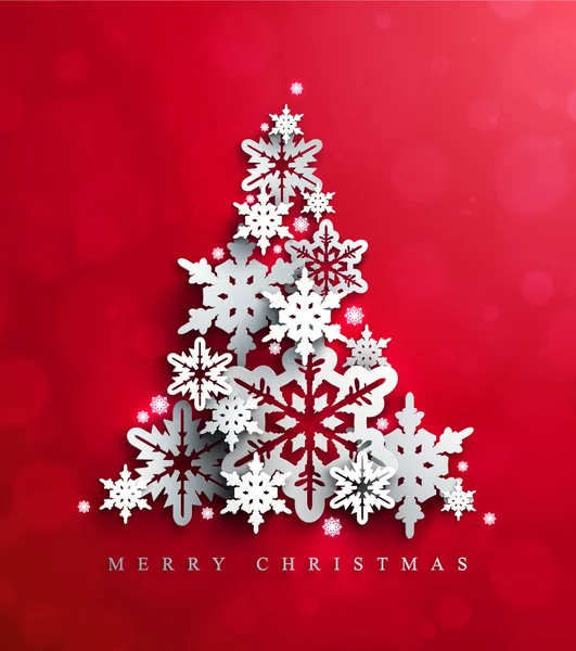 Рождество и карта новых годов с рождественской елкой, сделанной из декоративных предназначенных для вырезания снежинок на ярко-красном фоне — стоковый вектор