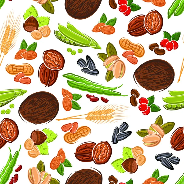 Seamless cartoon nuts, beans, seeds, wheat pattern — стоковый вектор