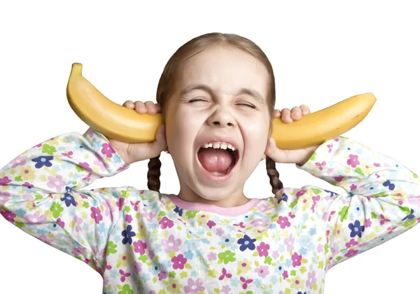 Кричал девушка закрыт ее уши с бананами — стоковое фото