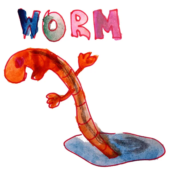 Рисование детской акварельной мультипликационной земли червя на белом backgr — стоковое фото