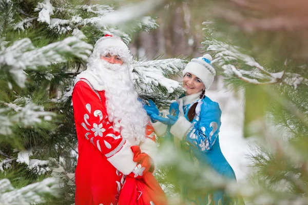 Русские символы Рождества: Дед Мороз (Деда Мороза) и Снегурочка (Снегурочка) с подарками сумка — стоковое фото