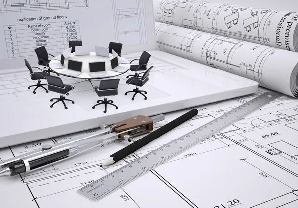 Круглый стол, компасы, свитки, архитектурный чертеж и ноутбук — стоковое фото