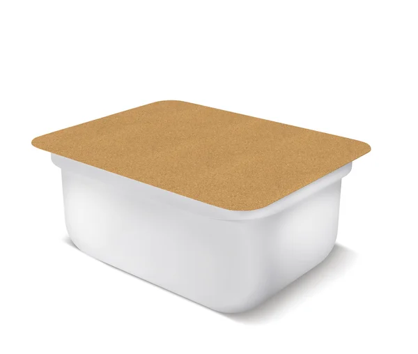 White plastic blank bank for food, oil, mayonnaise, margarine, cheese, ice cream, olives, pickles, sour cream with eco paper cover. Food and drink plastic blank. Template Ready For Your Design. Isolat — стоковое фото