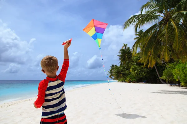 Маленький мальчик, летающих змей на тропическом пляже — стоковое фото
