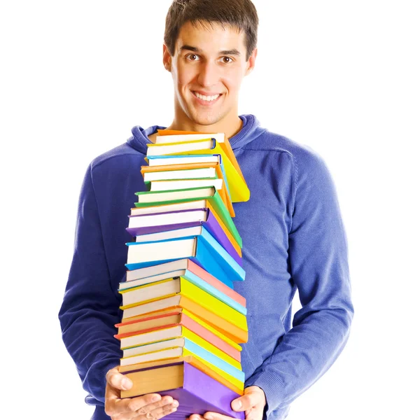 Изолированные молодой счастливый улыбающийся человек с учебников — стоковое фото