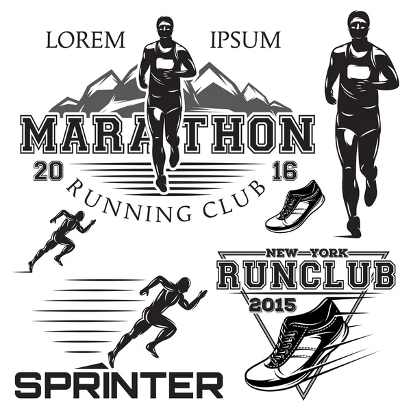 Набор черно-белые спортивные эмблемы для sprint и марафон — стоковый вектор