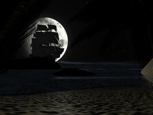 Тропический пляж в ночь Moonlight, с парусником — стоковое фото