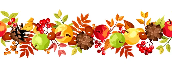 Горизонтальные бесшовный фон с красочными осенью листья, яблоки и конусов. Векторные иллюстрации — стоковый вектор