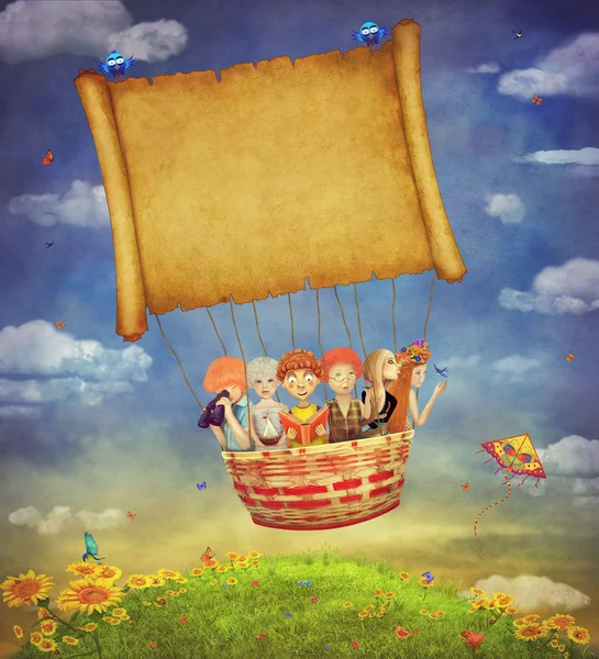 Счастливые дети с растяжкой в небе-Иллюстрация искусства — стоковое фото