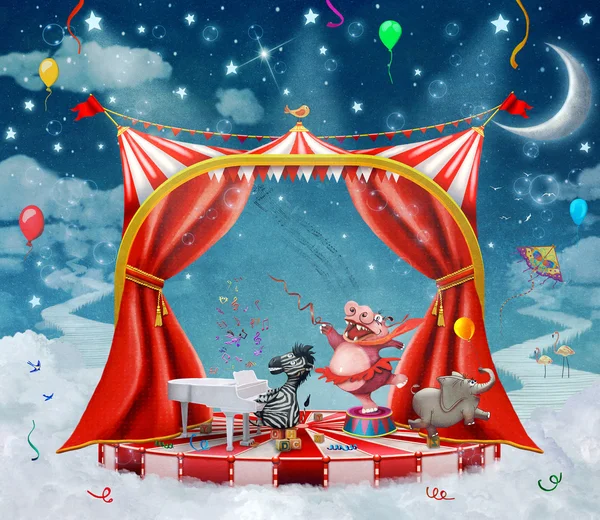 Иллюстрация мило Цирк животных на сцене в небе — стоковое фото