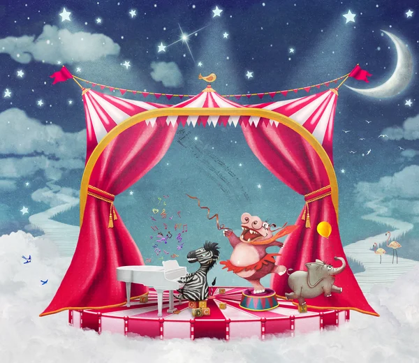 Иллюстрация мило Цирк животных на сцене в небе — стоковое фото
