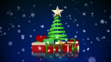 Снежинки падают на Рождественская елка и подарки — стоковое видео
