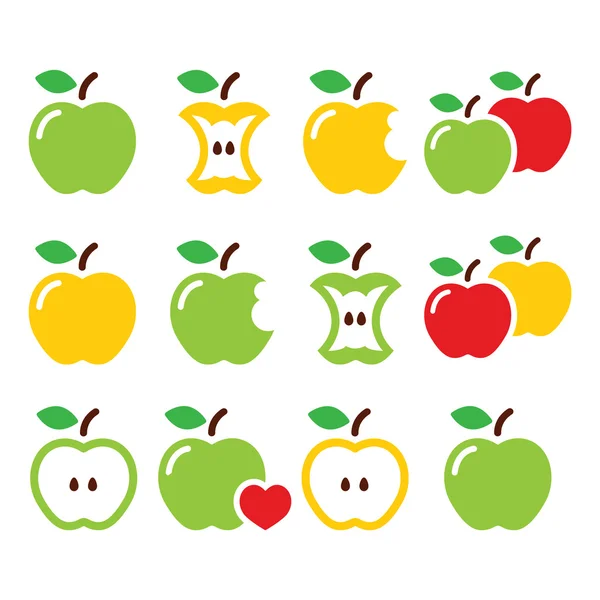Зеленый и желтый яблоко, яблоко ядро, кусает, половина векторные иконки — стоковый вектор