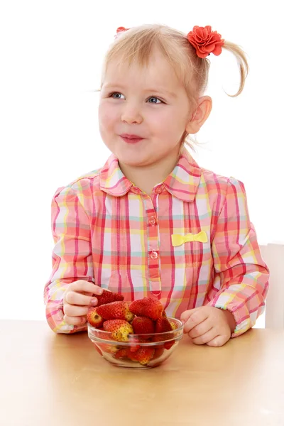 Девочка с косичками, сидящими за столом и едящими землянику — стоковое фото