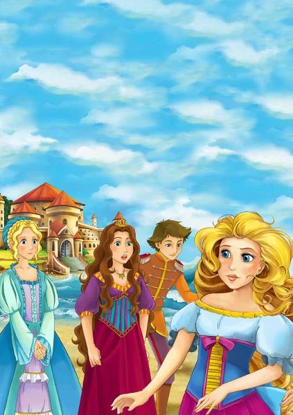 Мультфильм сцены красивая принцесса с друзьями на пляже - иллюстрации для детей — стоковое фото