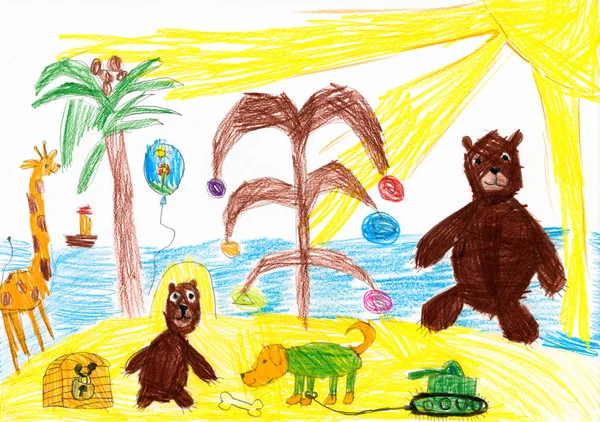 Животные празднуют Новый год на тропическом пляже. детского рисунка — стоковое фото