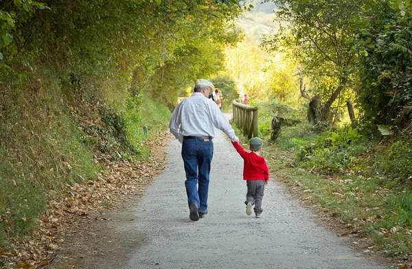 Дед и внук, прогулки в природу пути — стоковое фото