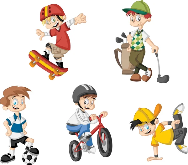 Мультфильм мальчики играют различные виды спорта — стоковый вектор