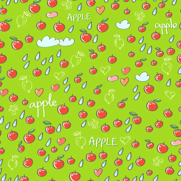 Бесшовный фон с яблоками, сердца, облака и капли — стоковый вектор