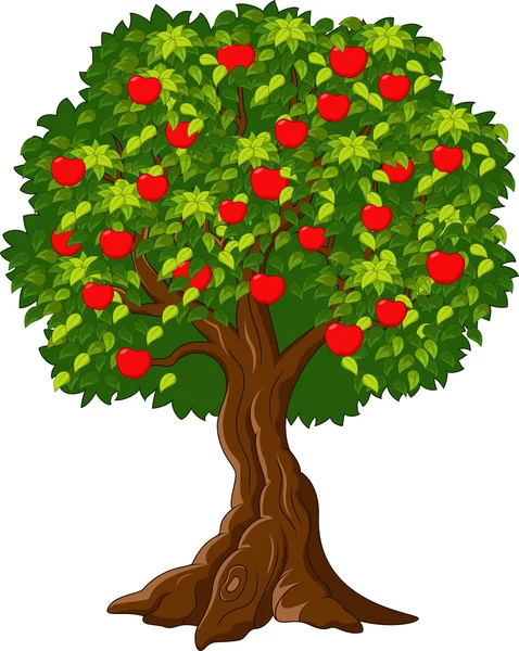 Мультфильм зеленый яблоня полный красных яблок — стоковый вектор