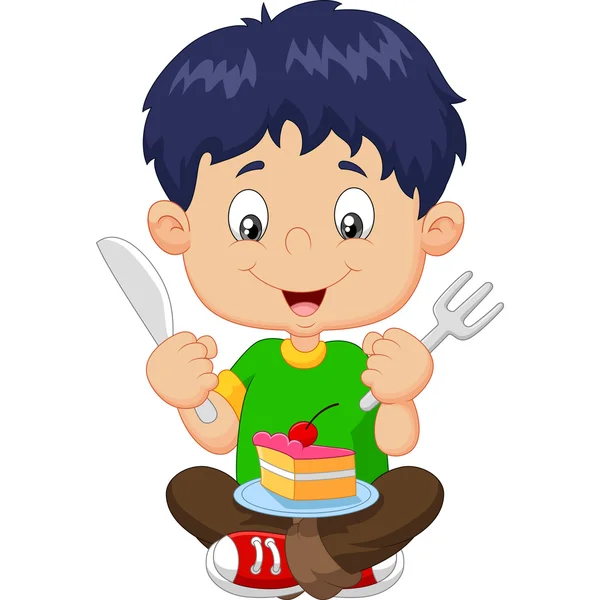 Мультфильм мальчик ест торт, изолированные на белом фоне — стоковый вектор