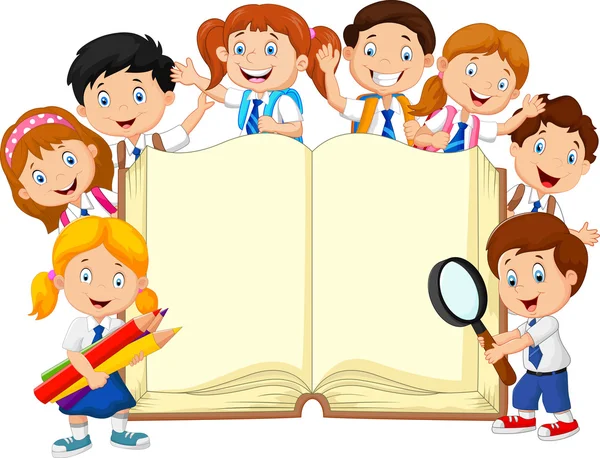 Мультфильм школьников с книгой изолированные — стоковый вектор