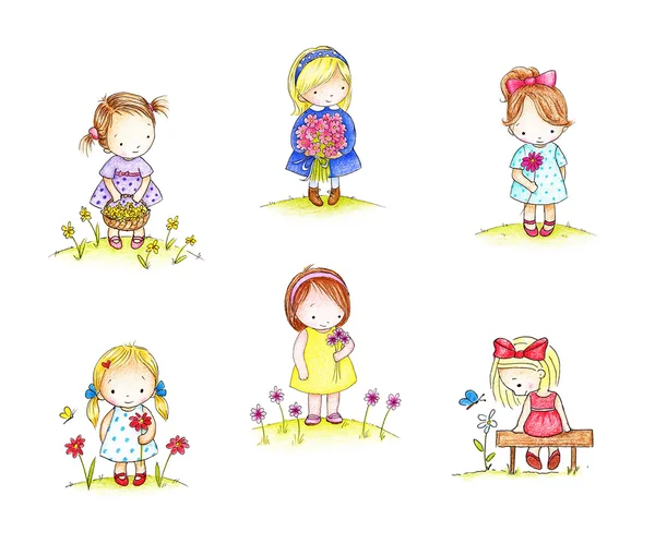 Шесть девушек с цветами — стоковое фото