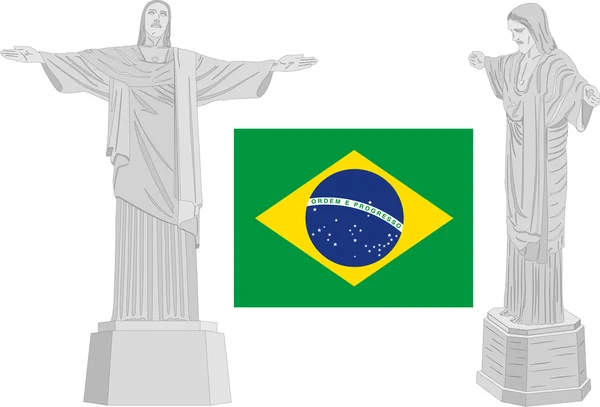 Корковадо, Бразилия, статуя иллюстрации и флаг — стоковый вектор