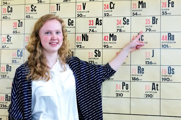 Голландский подросток девушка указывая пальцем на периодической таблицы — стоковое фото
