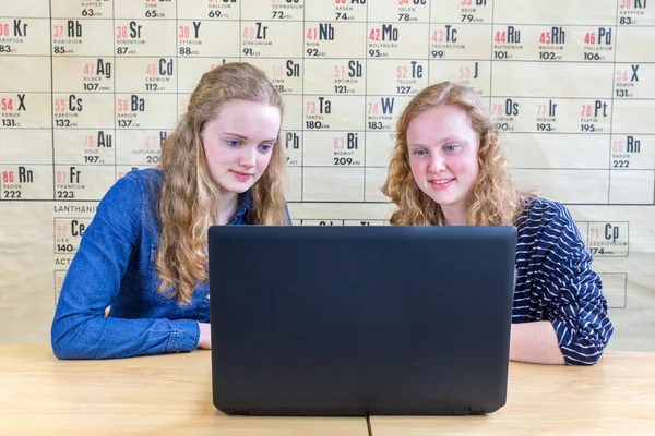 Две девочки-подростки, глядя на компьютере в урок химии — стоковое фото
