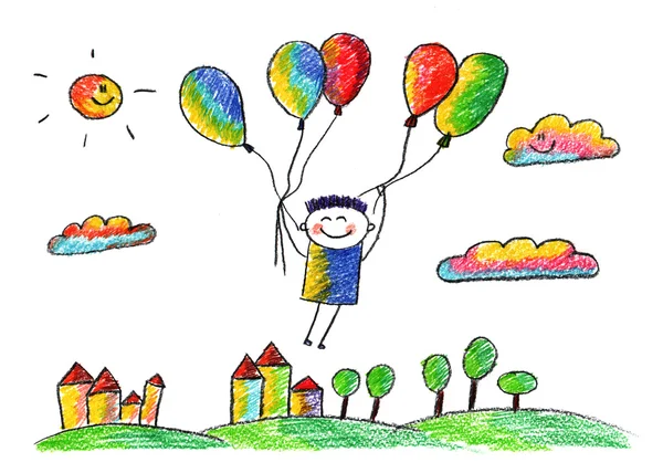 Счастливый мальчик летать с баллонов — стоковое фото