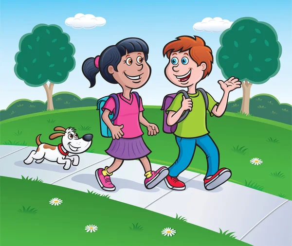 Девочка, мальчик и собака, идущая домой из школы — стоковое фото