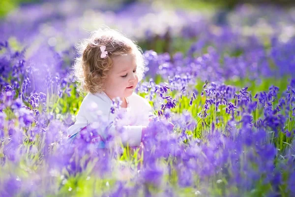 Little girl playing in bluebell flowers field — стоковое фото