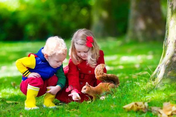 Дети, питание белка в Осенний парк — стоковое фото