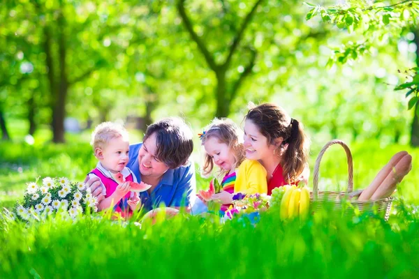 Молодая семья с детьми, имеющих пикник на открытом воздухе — стоковое фото