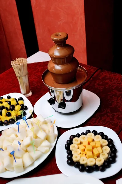 Шоколадный фонтан и фрукты на свадебный прием — стоковое фото