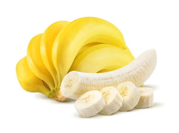 Банановая связка и очищенные части, изолированные на белом — стоковое фото