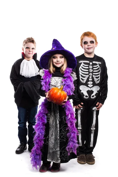 Одна маленькая девочка и два мальчика украсили костюмы Хэллоуина: ведьма, скелет, вампир — стоковое фото