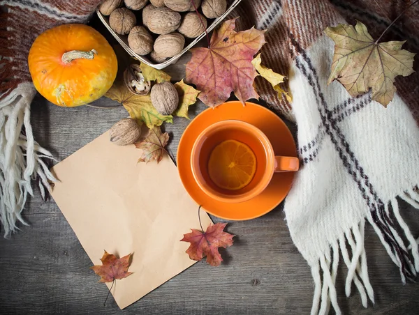 Осенний натюрморт с чашкой чая, пледом и листьями — стоковое фото