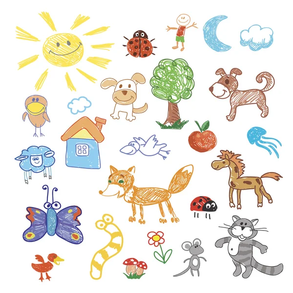Детский рисунок рисунок животных деревья, овцы, собаки и Фокс, кошка и змея — стоковое фото