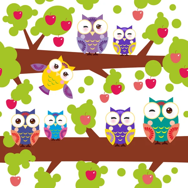 Seamless pattern bright colorful owls on the branch of a tree with red apples on white background. Vector — стоковый вектор