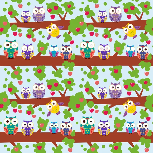 Seamless pattern set bright colorful owls on the branch of a tree with red apples on blue background. Vector — стоковый вектор