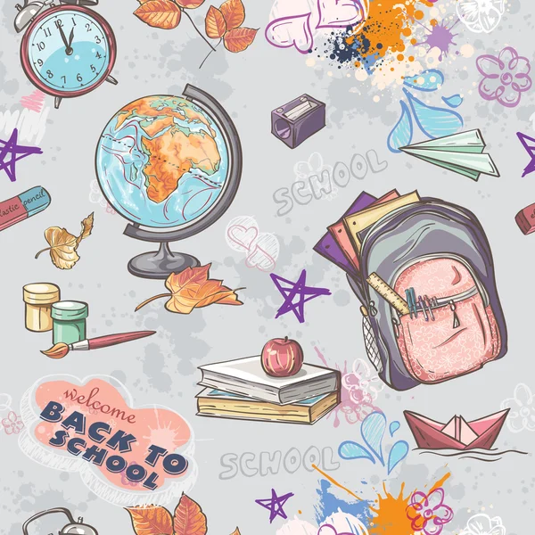 Бесшовные текстуры на школьную тему с изображением рюкзак, глобус, краски и другие предметы — стоковый вектор